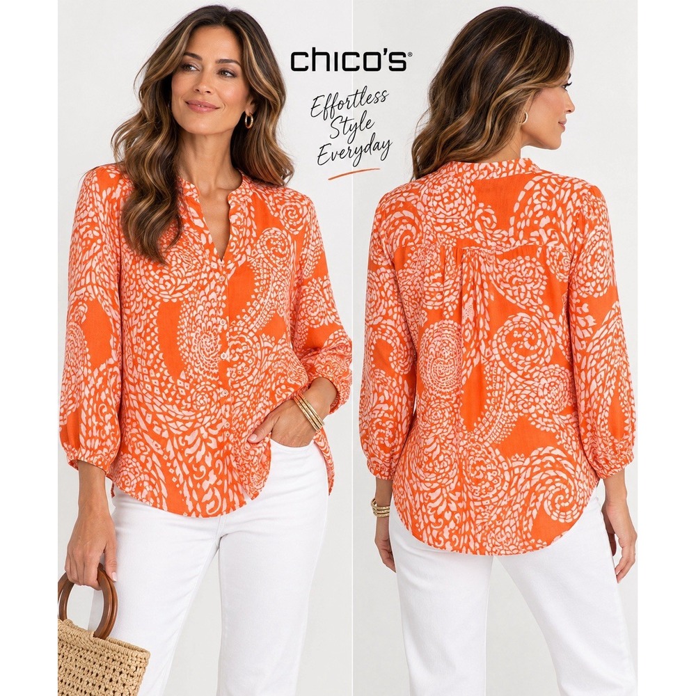 Chico's Blouse M 1.5 Orange White Ramie Lyocell Boho Paisley Tunic Coastal